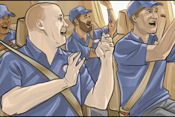 Cantar e aplaudir no carro, Ilustrado por ASB Storyboard Artist, Ryan, Estilo: Quadros coloridos, arte 2D para quadros de animação ou storyboard