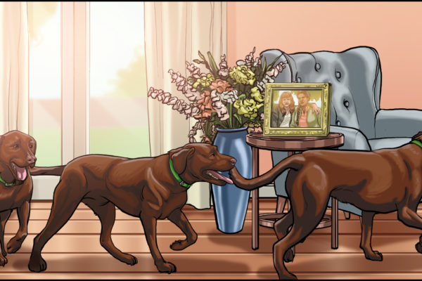 Cães labradores castanhos, Ilustrado por ASB Storyboard Artist, Ryan, Estilo: Quadros coloridos, Arte 2D para quadros de animação ou storyboard