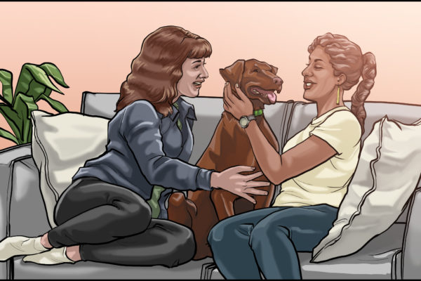Zwei Frauen streicheln ihren braunen Labrador, Illustriert von ASB Storyboard Artist, Ryan, Stil: Farbrahmen, 2D-Kunst für Animatic oder Storyboard-Rahmen