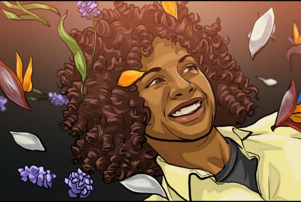 Curly hair and flowers, Illustrated by ASB Storyboard Artist, Ryan, Style: Color Frames, 2D Art for Animatic or Storyboard frames