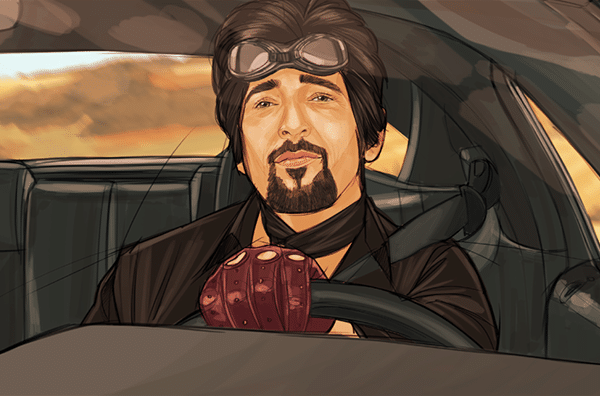 車を運転する男性のミッドショット。ASBストーリーボードアーティスト、Aleciaによるイラスト：カラーストーリーボードフレーム、アニメまたはストーリーボードフレーム用2Dアート。