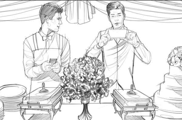 結婚式のビュッフェテーブルでのケータリング業者とゲスト。ASBストーリーボードアーティスト、Aleciaによるイラスト：黒と白のライン、アニメやストーリーボードのフレームのための2Dアート。