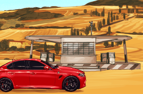 駅の外に停まった赤い車。ASBストーリーボードアーティスト、Aleciaによるイラスト：カラーストーリーボードフレーム、アニメまたはストーリーボードフレーム用2Dアート。