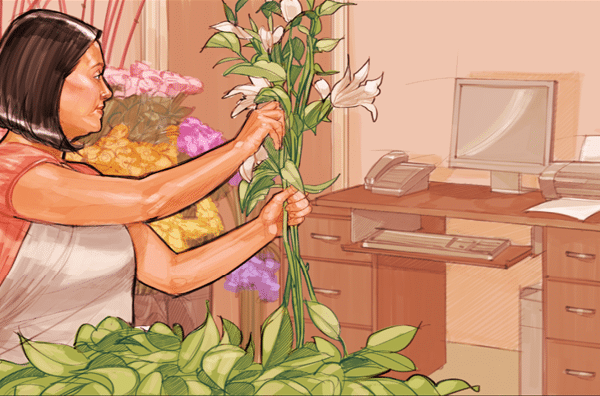 花屋。ASBストーリーボードアーティスト、Aleciaによるイラスト：カラーストーリーボードフレーム、アニメまたはストーリーボードフレーム用2Dアート。