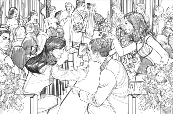 結婚パーティーの招待客が誰かの携帯電話を見る。ASBストーリーボードアーティスト、Aleciaによるイラスト：黒と白のライン、アニメやストーリーボードのフレームのための2Dアート。