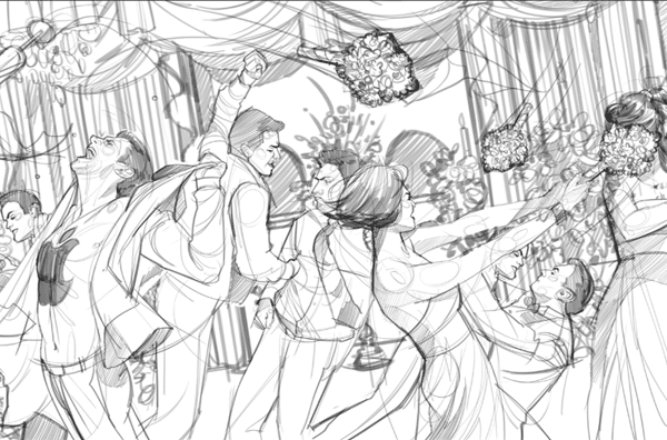 結婚式での喧嘩。ASBストーリーボードアーティスト、Aleciaによるイラスト：黒と白のライン、アニメやストーリーボードのフレームのための2Dアート。