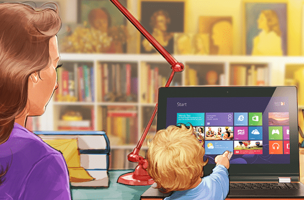 ノートパソコンの画面を指さす幼児を見つめる母親。ASBストーリーボードアーティスト、Aleciaによるイラスト：カラーストーリーボードフレーム、アニメやストーリーボードフレームのための2Dアート。