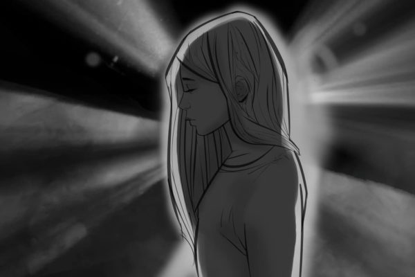 A girl in the spotlight. Illustrated by ASB Storyboard Artist, Brad, Style: B+W w/ Tone storyboard frames, 2D Art for Animatic or Storyboard frames