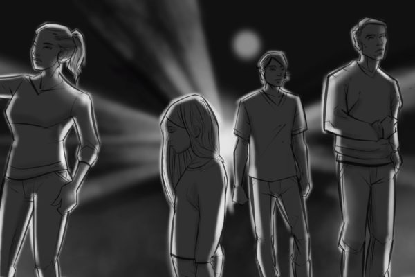 4 people in the spotlight. Illustrated by ASB Storyboard Artist, Brad, Style: B+W w/ Tone storyboard frames, 2D Art for Animatic or Storyboard frames