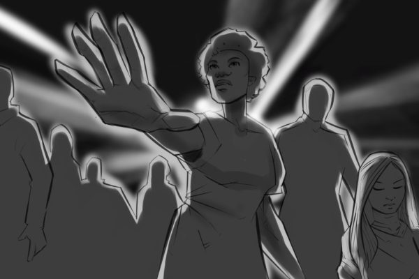 A crowd in a spotlight. Illustrated by ASB Storyboard Artist, Brad, Style: B+W w/ Tone storyboard frames, 2D Art for Animatic or Storyboard frames