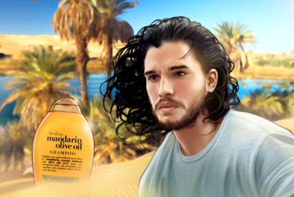 OGX hair ad w/ Kit Harington, Illustrated by ASB Storyboard Artist, Bryan, Style: Color storyboard frame, 2D Art for Animatic or Storyboard frames