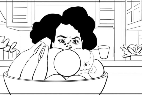 A clean black and white sketch of a woman looking at fruit flies that are hovering over a bowl with fruit in it.