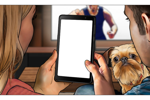 Coppia su dispositivo con cane, illustrato da ASB Storyboard Artist, Trevor, stile: Cornici Storyboard a colori, Arte 2D per cornici animate o Storyboard