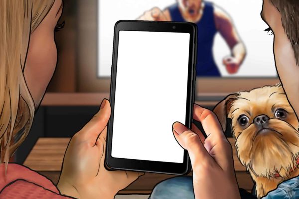 Couple on device with dog, Illustrated by ASB Storyboard Artist, Trevor, Style: Color Storyboard Frames, 2D Art for Animatic or Storyboard frames