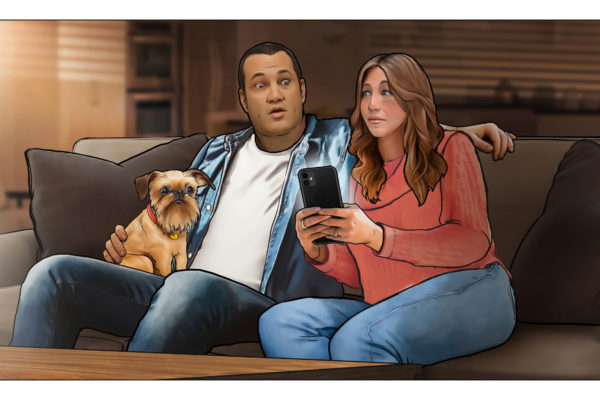 Casal com cão surpreendido no seu dispositivo, Ilustrado por ASB Storyboard Artist, Trevor, Estilo: Quadros de storyboard a cores, arte 2D para quadros de animação ou storyboard