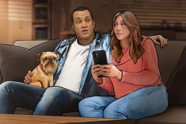 Couple with dog surprised on their device, Illustrated by ASB Storyboard Artist, Trevor, Style: Color Storyboard Frames, 2D Art for Animatic or Storyboard frames