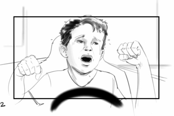 Un enfant qui pleure dans une petite voiture. Illustré par l'artiste de storyboard ASB, Alex H., Style : cadre de storyboard en noir et blanc, Art 2D pour les cadres d'animation ou de storyboard.