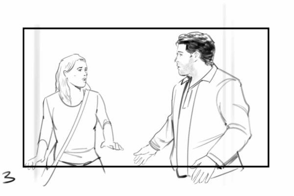 Parents se regardant l'un l'autre. Illustré par l'artiste du storyboard ASB, Alex H., Style : cadre de storyboard en noir et blanc, Art 2D pour les cadres d'animation ou de storyboard.