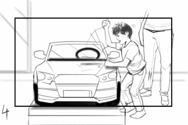 Un enfant tape sur une petite voiture. Illustré par l'artiste de storyboard ASB, Alex H., Style : cadre de storyboard en noir et blanc, Art 2D pour les cadres d'animation ou de storyboard.