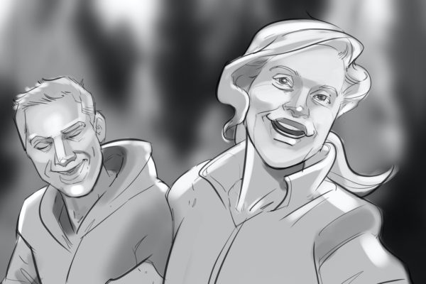 Man and woman, mid-shot. Illustrated by ASB Storyboard Artist, Brad, Style: B+W w/ Tone storyboard frames, 2D Art for Animatic or Storyboard frames.