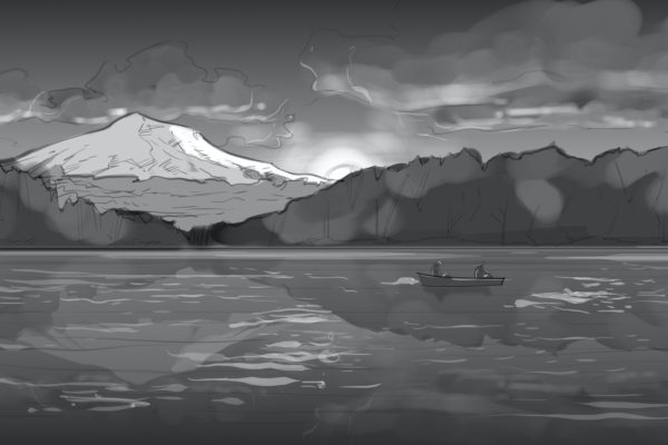 Wide shot of two people in a canoe on a lake by the mountains. Illustrated by ASB Storyboard Artist, Brad, Style: B+W w/ Tone storyboard frames, 2D Art for Animatic or Storyboard frames.