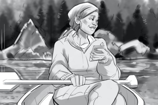 Woman in canoe. Illustrated by ASB Storyboard Artist, Brad, Style: B+W w/ Tone storyboard frames, 2D Art for Animatic or Storyboard frames.