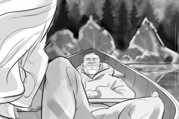 Man in canoe. Illustrated by ASB Storyboard Artist, Brad, Style: B+W w/ Tone storyboard frames, 2D Art for Animatic or Storyboard frames.