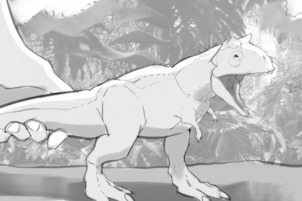 A hand holding a toy dinosaur. Illustrated by ASB Storyboard Artist, Brad, Style: B+W w/ Tone storyboard frames, 2D Art for Animatic or Storyboard frames.
