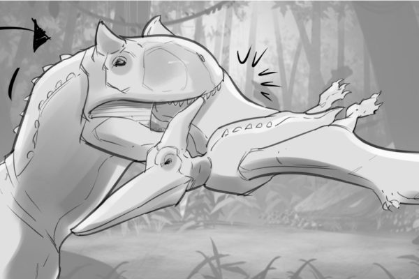 Two dinosaurs. Illustrated by ASB Storyboard Artist, Brad, Style: B+W w/ Tone storyboard frames, 2D Art for Animatic or Storyboard frames.