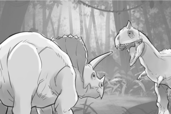 Two dinosaurs. Illustrated by ASB Storyboard Artist, Brad, Style: B+W w/ Tone storyboard frames, 2D Art for Animatic or Storyboard frames.