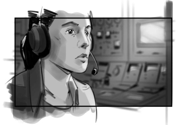 Une femme avec un casque. Illustré par ASB Storyboard Artist, Alex H., Style : noir et blanc ton storyboard frame, 2D Art for Animatic or Storyboard frames.