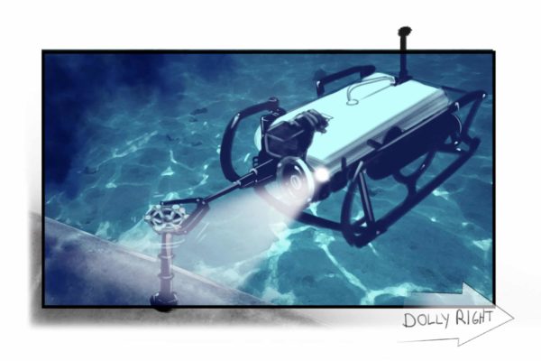 Une machine sous-marine à distance. Illustré par l'artiste ASB Storyboard, Alex H., Style : noir et blanc ton storyboard frame, 2D Art for Animatic or Storyboard frames.