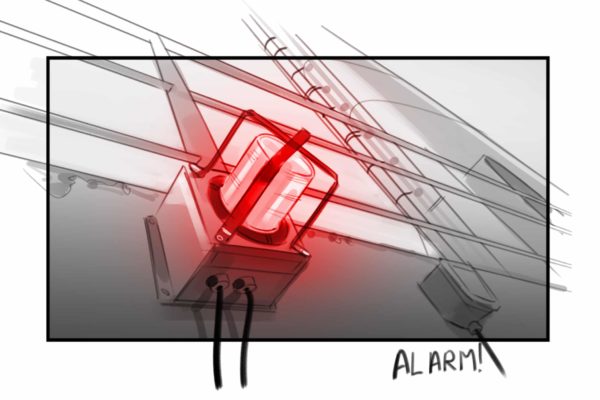Une alarme qui se déclenche. Illustré par l'artiste ASB Storyboard, Alex H., Style : noir et blanc ton storyboard frame, 2D Art for Animatic or Storyboard frames.
