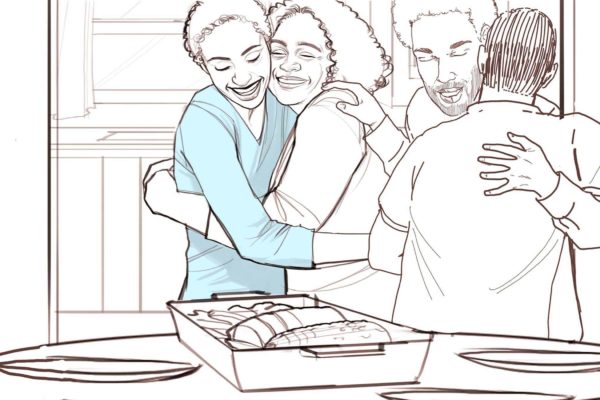 アーティストのアレシアが描いた、食卓で抱き合う家族のモノクロ2D絵コンテ。