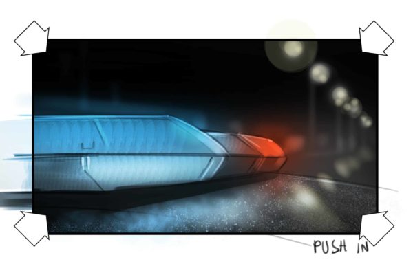Le toit d'une voiture de police. Illustré par l'artiste ASB Storyboard, Alex H., Style : noir et blanc ton storyboard frame, 2D Art for Animatic or Storyboard frames.