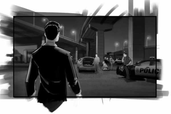 Homme observant la scène de crime. Illustré par ASB Storyboard Artist, Alex H., Style : noir et blanc ton storyboard frame, 2D Art for Animatic or Storyboard frames.