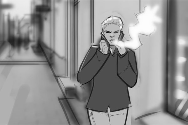 A man walking outside in cold weather. Illustrated by ASB Storyboard Artist, Brad, Style: B+W w/ Tone storyboard frames, 2D Art for Animatic or Storyboard frames