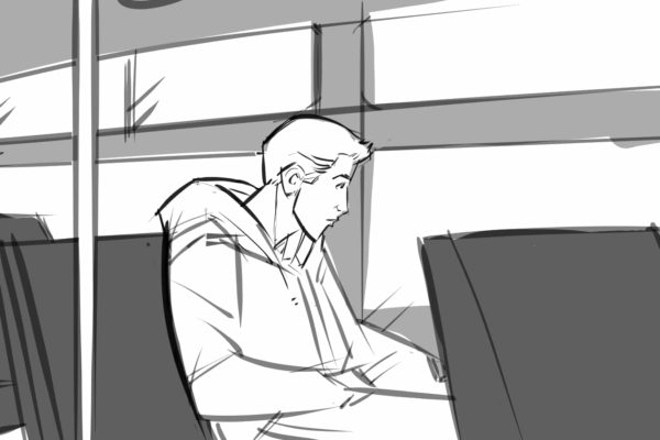 A man sitting in a bus, looking outside the window. Illustrated by ASB Storyboard Artist, Brad, Style: B+W w/ Tone storyboard frames, 2D Art for Animatic or Storyboard frames