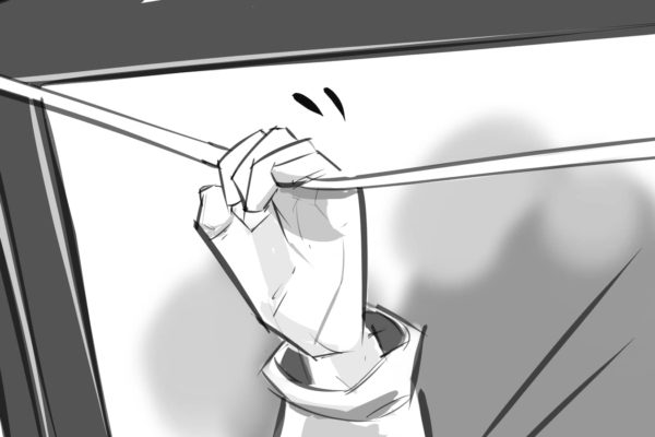 A hand pulling a bus string to signal his stop. Illustrated by ASB Storyboard Artist, Brad, Style: B+W w/ Tone storyboard frames, 2D Art for Animatic or Storyboard frames