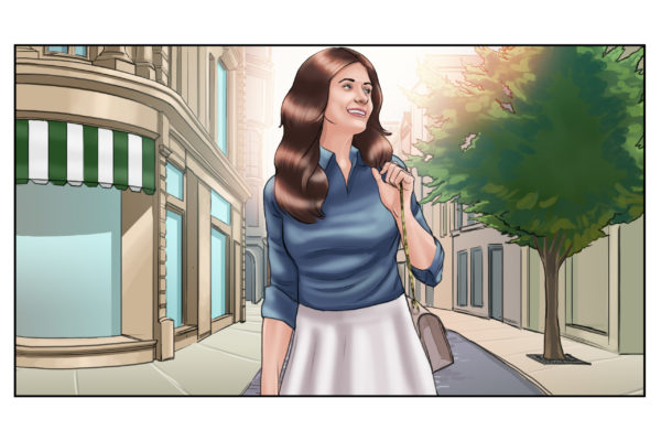 Frau mit glänzendem Haar geht die Straße entlang, illustriert von ASB Storyboard Artist, Ryan, Stil: Farbige Rahmen, 2D Kunst für Animatic oder Storyboard Rahmen