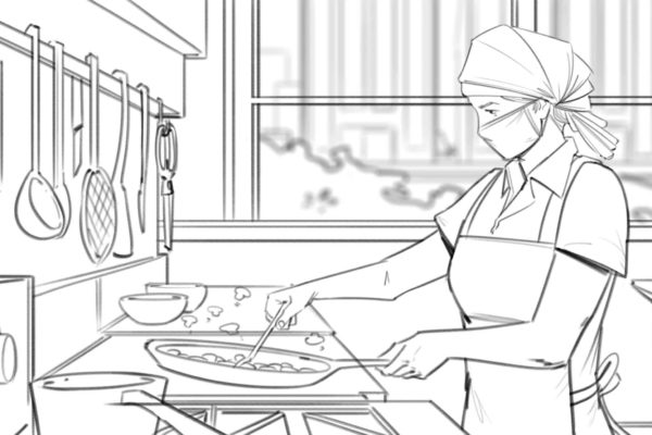Une femme chef cuisinier. Illustré par l'artiste ASB Storyboard, Alex H., Style : cadre de storyboard en noir et blanc, Art 2D pour les cadres d'animation ou de storyboard