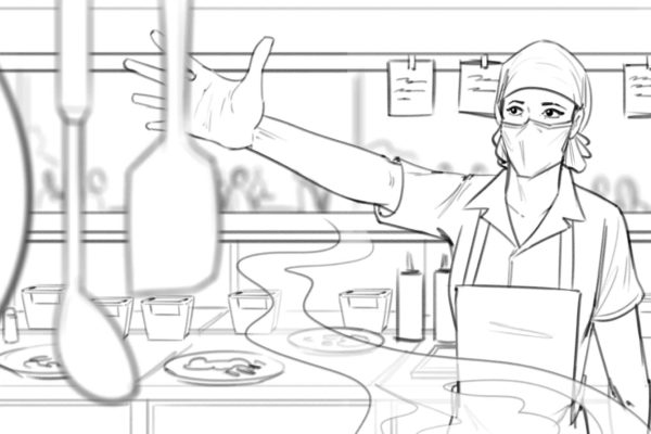 Une femme chef cuisinier attrape une spatule. Illustré par l'artiste du storyboard ASB, Alex H., Style : cadre de storyboard en noir et blanc, Art 2D pour les cadres d'animation ou de storyboard.