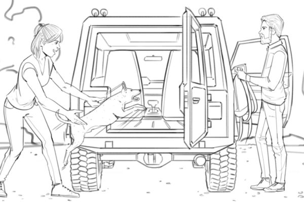 Un couple chargeant leur voiture alors que le chien saute dans le coffre, illustré par l'artiste ASB Storyboard, Alex H., Style : cadre de storyboard en noir et blanc, Art 2D pour Animatic or Storyboard frames