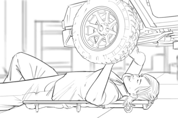 Une femme mécanicienne répare une voiture. Illustré par l'artiste ASB Storyboard, Alex H., Style : noir et blanc storyboard frame, 2D Art for Animatic or Storyboard frames.