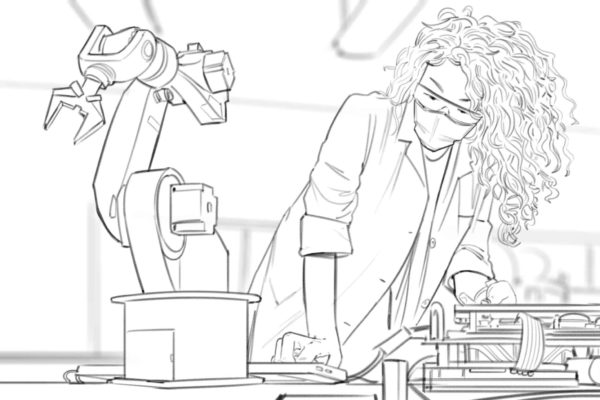 Une femme scientifique effectue des calculs pour son bras robotique. Illustré par Alex H., artiste storyboard de l'ASB, Style : cadre storyboard noir et blanc, Art 2D pour animatique ou cadre storyboard.