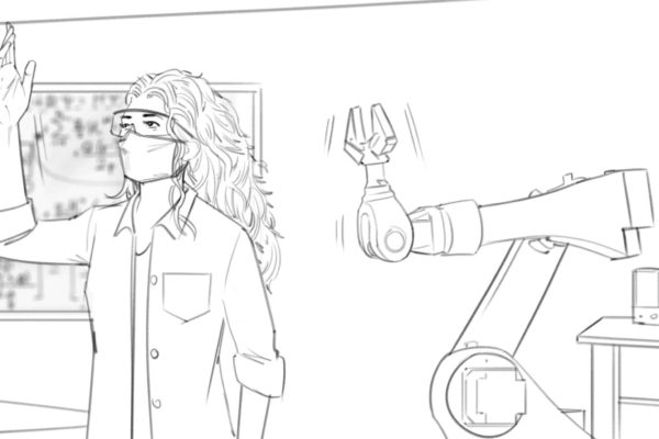 Une femme ingénieur en robotique teste avec succès son bras robotique, illustré par l'artiste storyboarder d'ASB, Alex H., Style : cadre storyboard noir et blanc, Art 2D pour Animatic or Storyboard frames