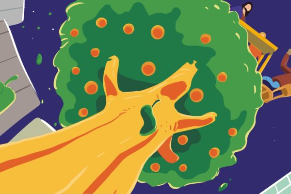 An orange tree. Illustrated by ASB Storyboard Artist, Brad, Style: Color storyboard frames, 2D Art for Animatic or Storyboard frames.