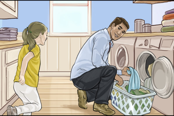 Pai e filha lavando roupa, ilustrado por ASB Storyboard Artist, Ryan, Estilo: Quadros coloridos, Arte 2D para quadros de animação ou storyboard