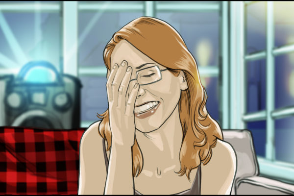 Dame mit Brille lachend, illustriert von ASB Storyboard Artist, Ryan, Stil: Farbige Rahmen, 2D Kunst für Animatic oder Storyboard Rahmen