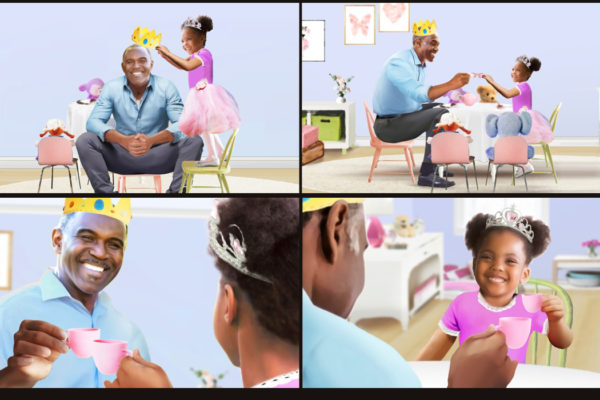 Menina brincando de princesa com o pai, Ilustrado por ASB Storyboard Artist, Trevor, Estilo: Quadros de storyboard coloridos, Arte 2D para quadros de animação ou storyboard